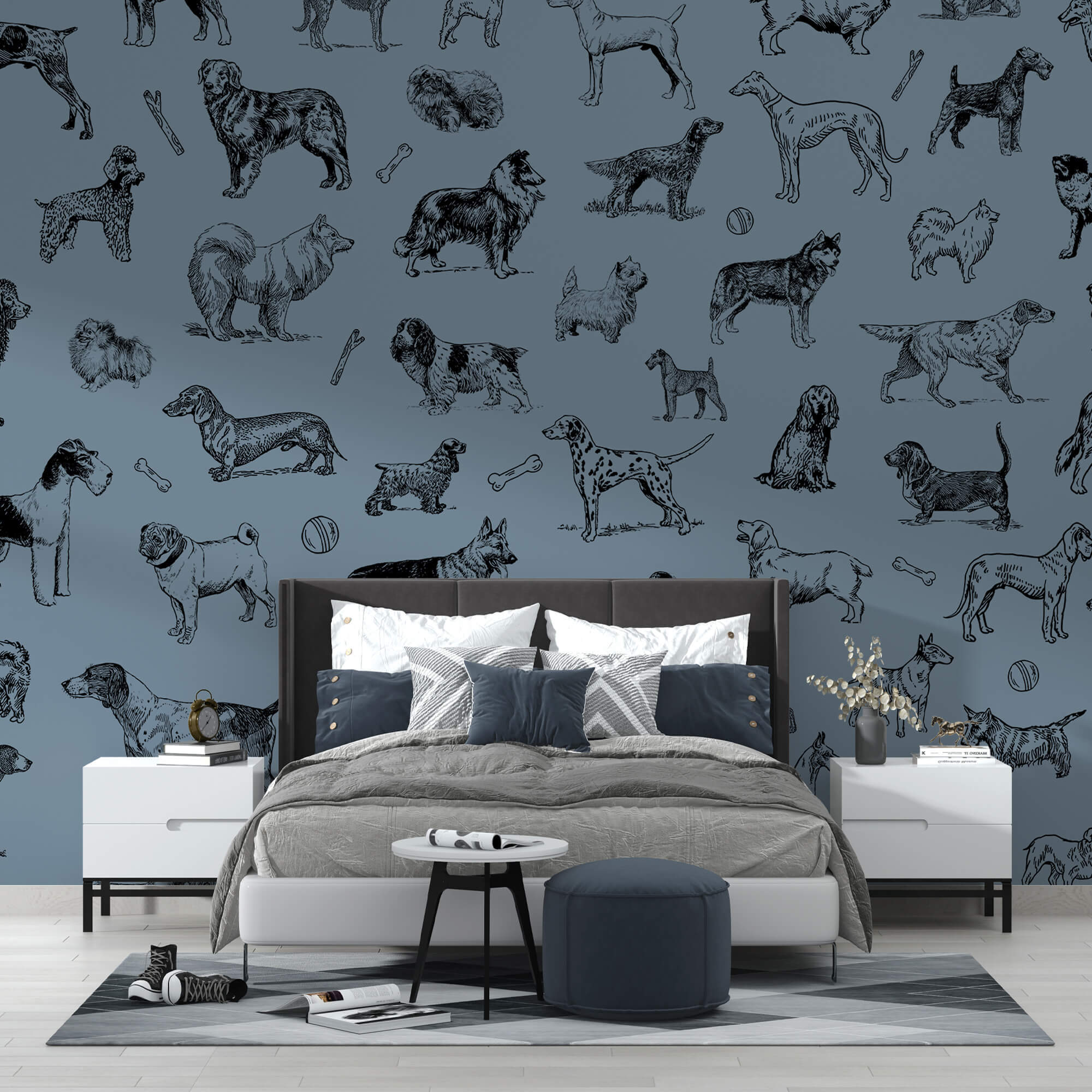 Gruppo di cani su sfondo blu