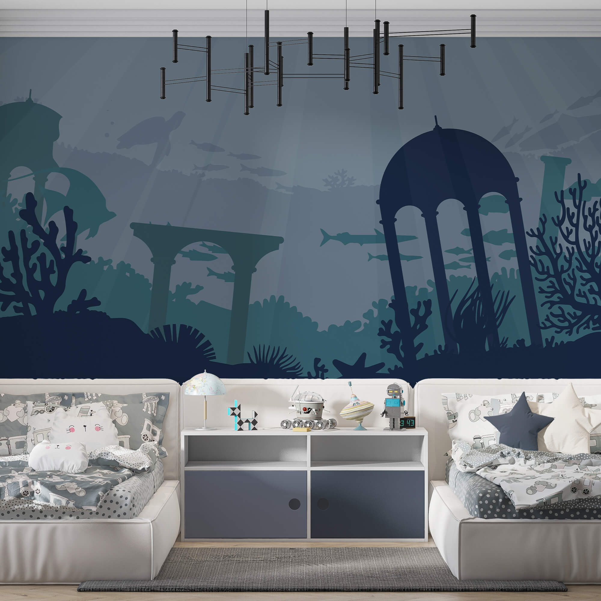 Sagoma di un edificio e piante marine Sagoma di un edificio e piante marine