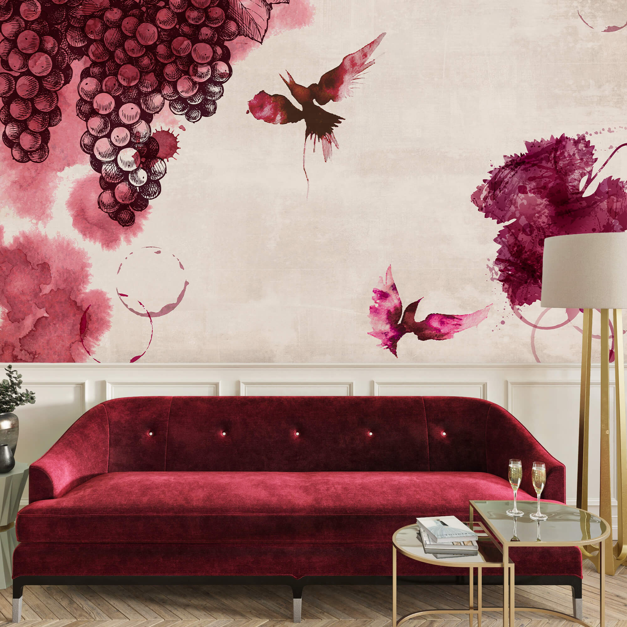 Pittura di uccelli e uva