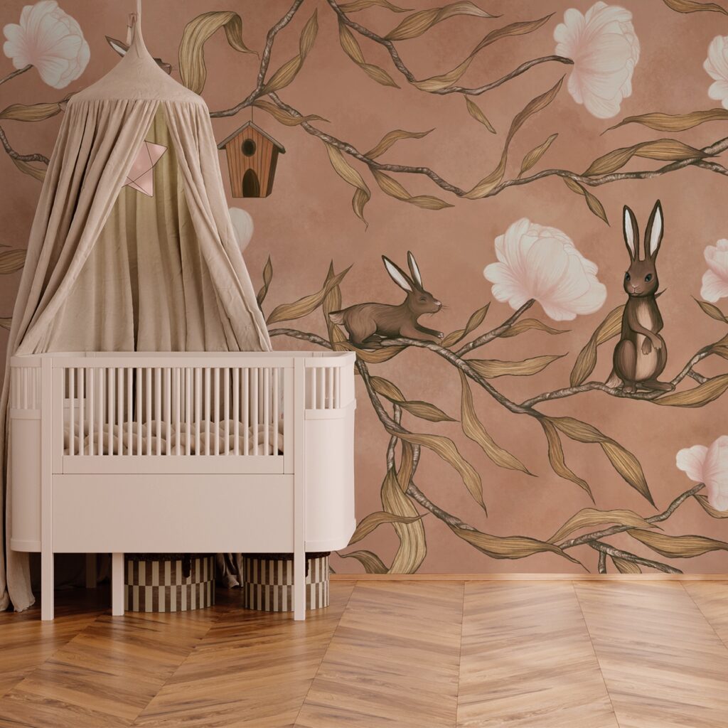 Carta da parati con conigli e fiori Carta da parati con conigli e fiori