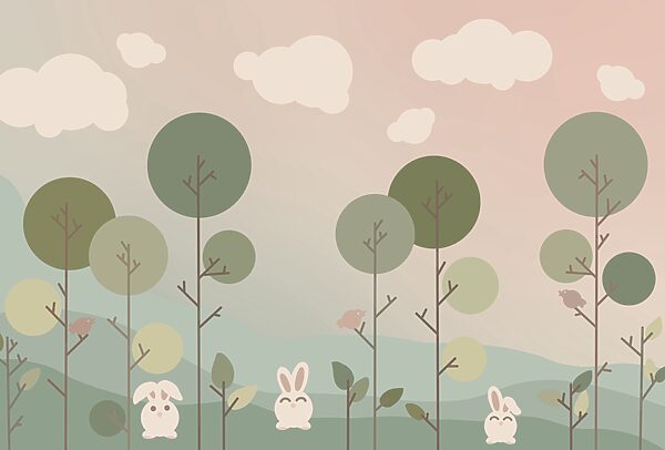Gruppo di coniglietti e alberi Gruppo di coniglietti e alberi
