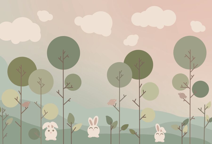 Gruppo di coniglietti e alberi