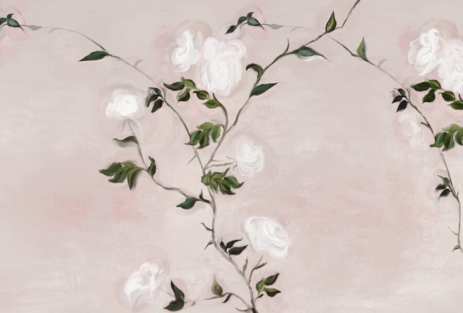Pittura di un ramo con fiori bianchi e foglie verdi