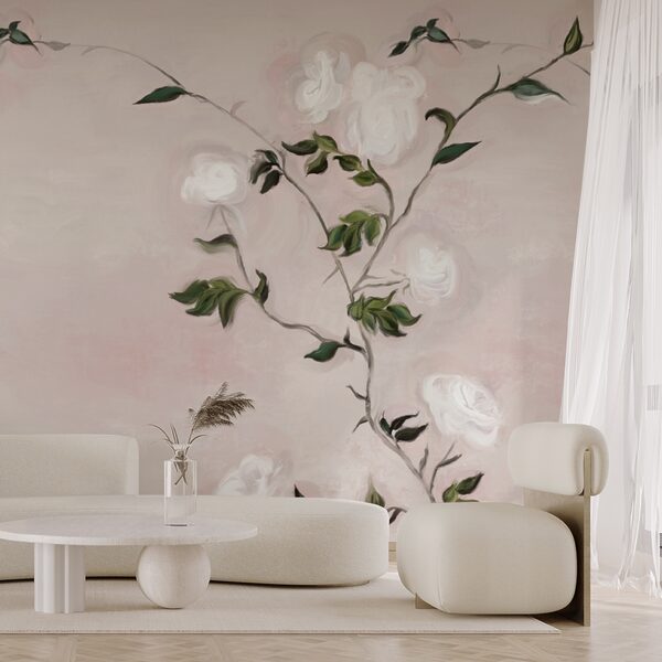 Pittura di un ramo con fiori bianchi e foglie verdi Pittura di un ramo con fiori bianchi e foglie verdi
