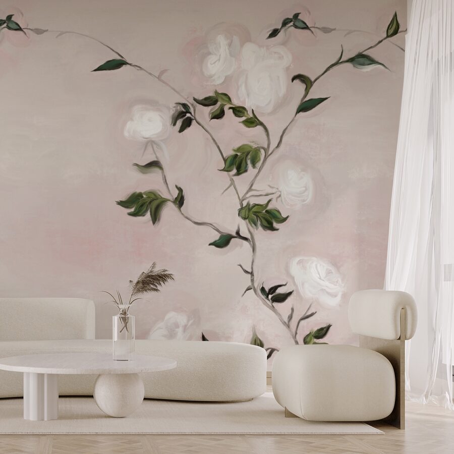 Pittura di un ramo con fiori bianchi e foglie verdi