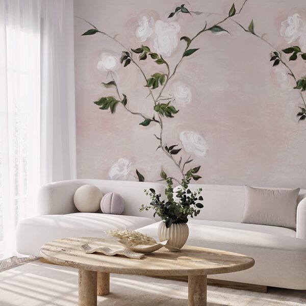 Pittura di un ramo con fiori bianchi e foglie verdi Pittura di un ramo con fiori bianchi e foglie verdi