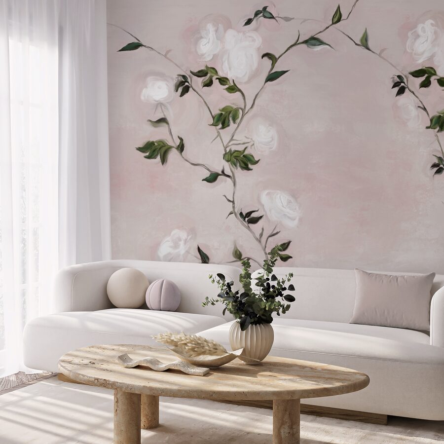 Pittura di un ramo con fiori bianchi e foglie verdi