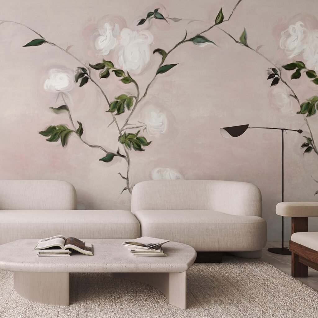 Pittura di un ramo con fiori bianchi e foglie verdi