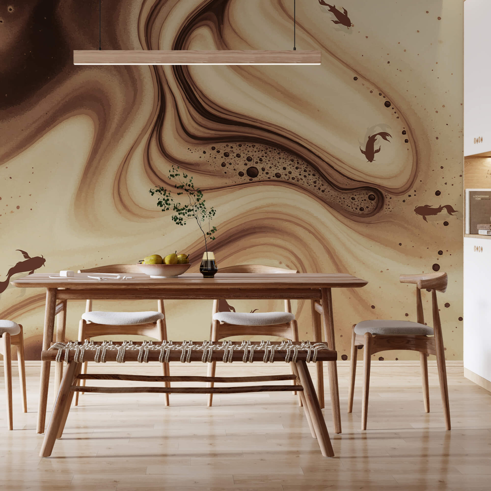 Onde multicolori bianche e marroni con sagome di pesce