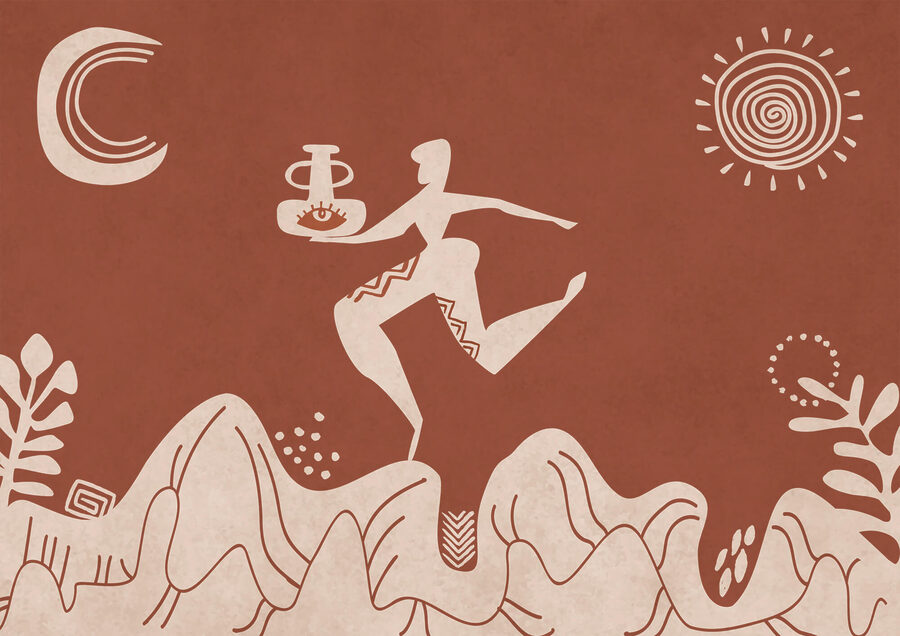 Disegno di un uomo che tiene in mano una pentola e di una pentola su una montagna