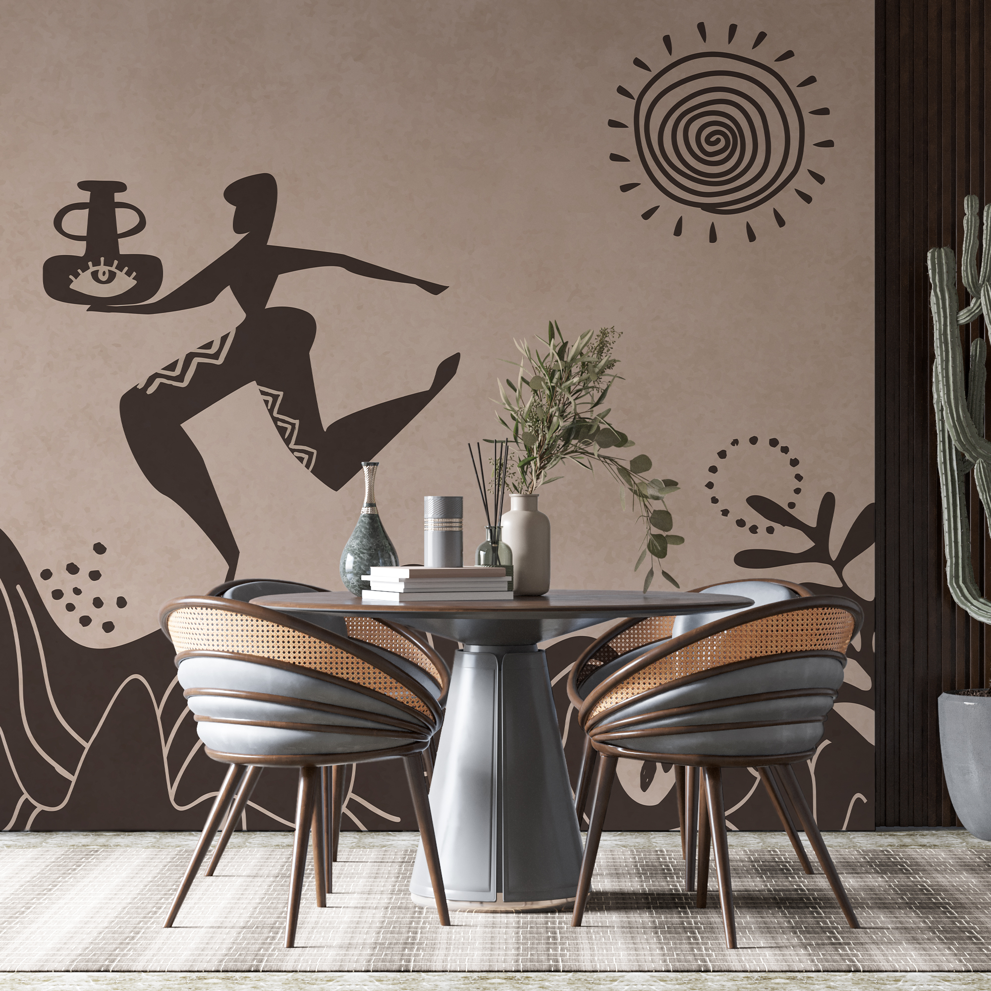 Disegno di un uomo che tiene in mano una pentola e di una pentola su una montagna