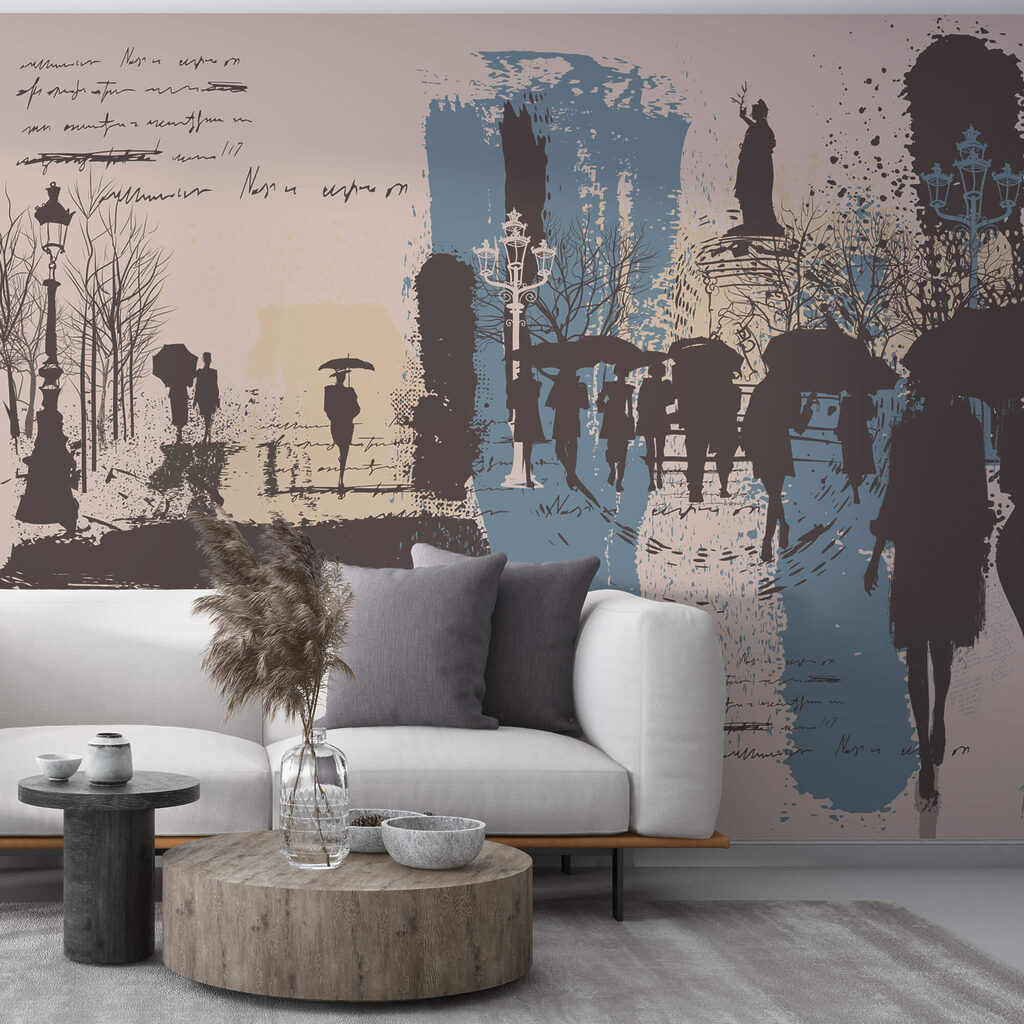 Gruppo di persone che camminano con ombrelli