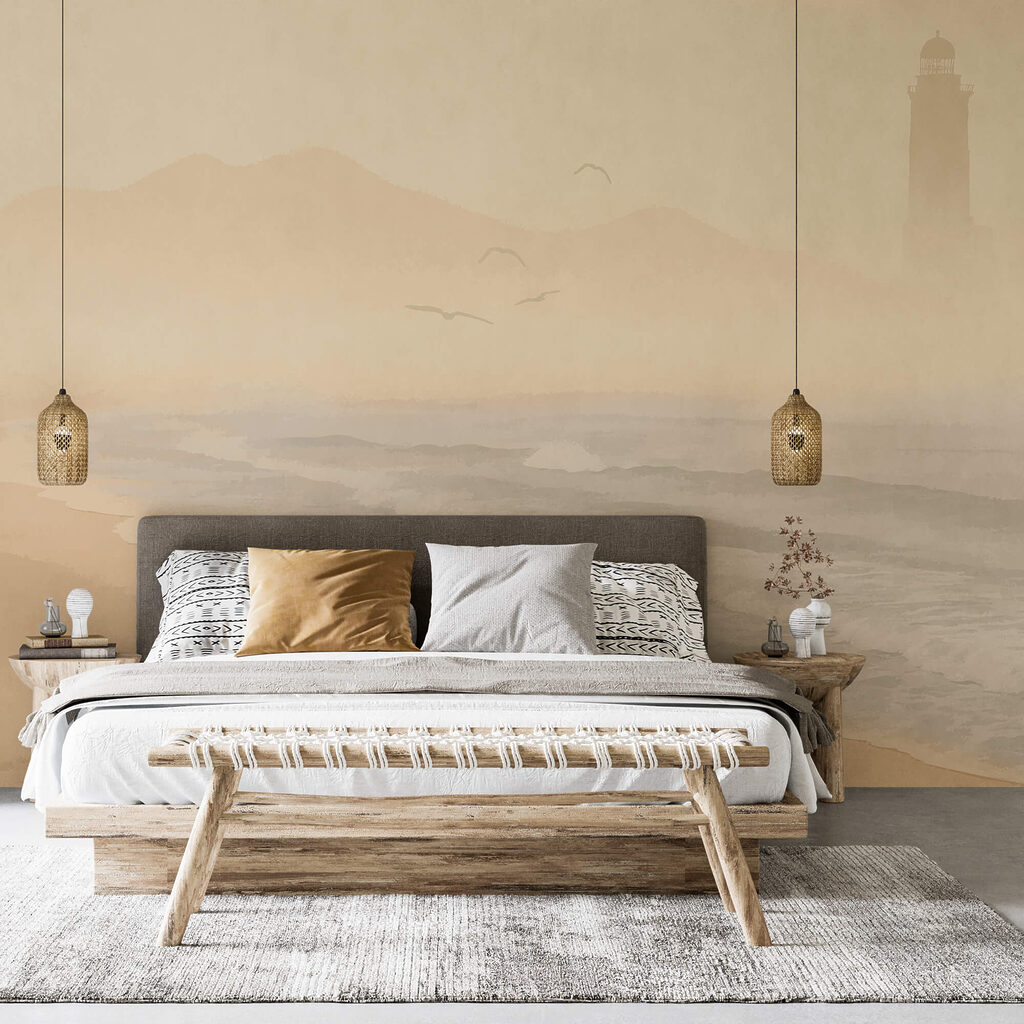 Spiaggia con onde e uccelli