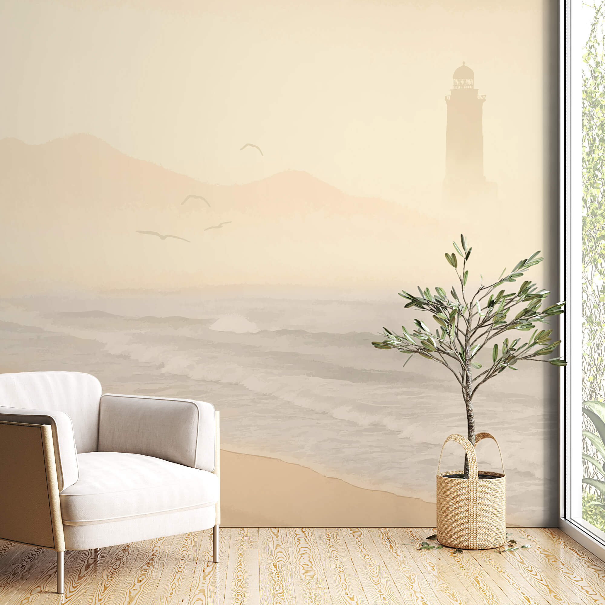 Spiaggia con onde e uccelli