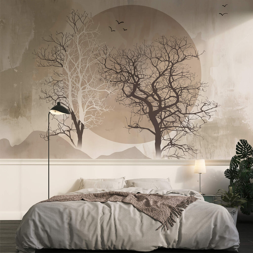 Pittura di alberi e sole