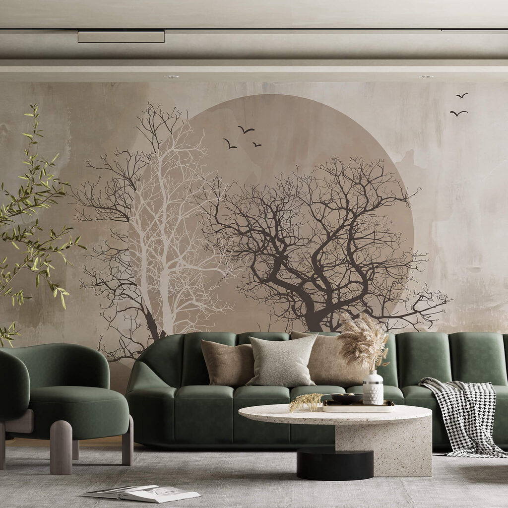 Pittura di alberi e sole