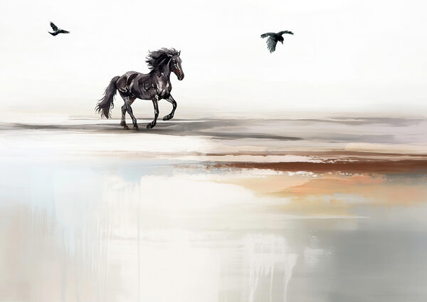Dipinto di un cavallo che corre su una spiaggia con uccelli in volo Dipinto di un cavallo che corre su una spiaggia con uccelli in volo