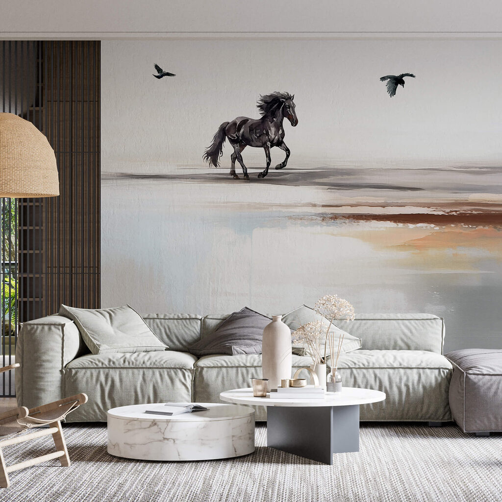 Dipinto di un cavallo che corre su una spiaggia con uccelli in volo