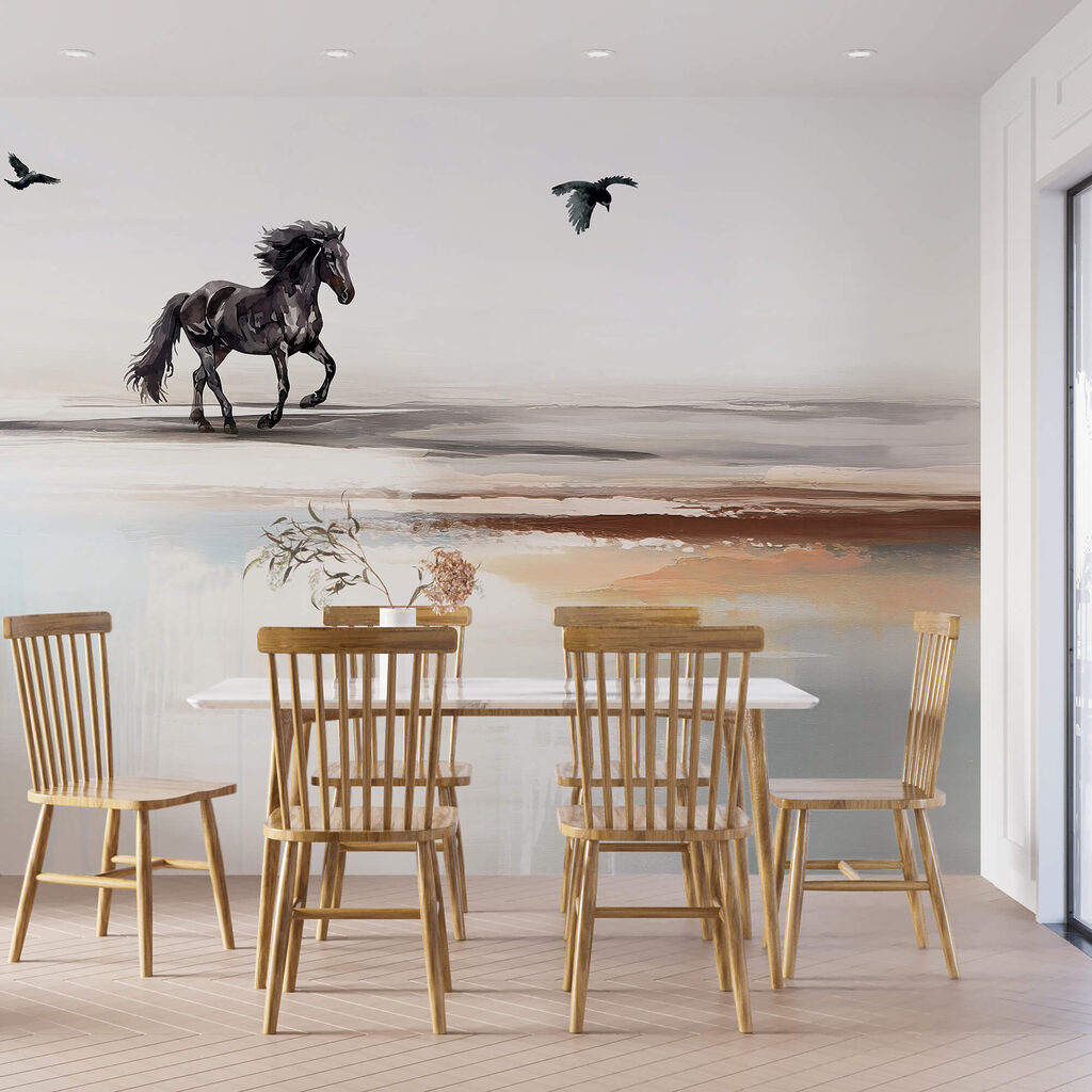 Dipinto di un cavallo che corre su una spiaggia con uccelli in volo