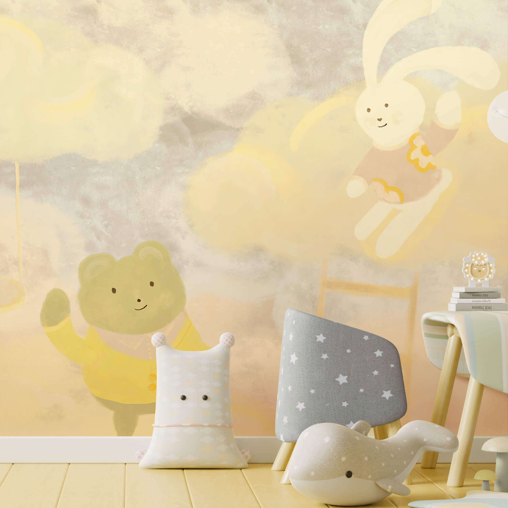 Orso e coniglietto dei cartoni animati tra le nuvole