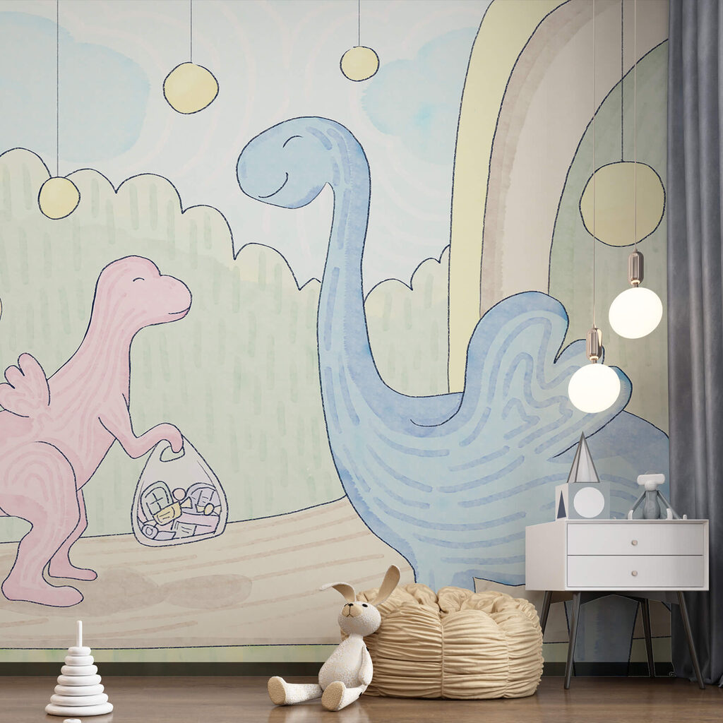 Cartone animato di dinosauri che trasportano una borsa Cartone animato di dinosauri che trasportano una borsa