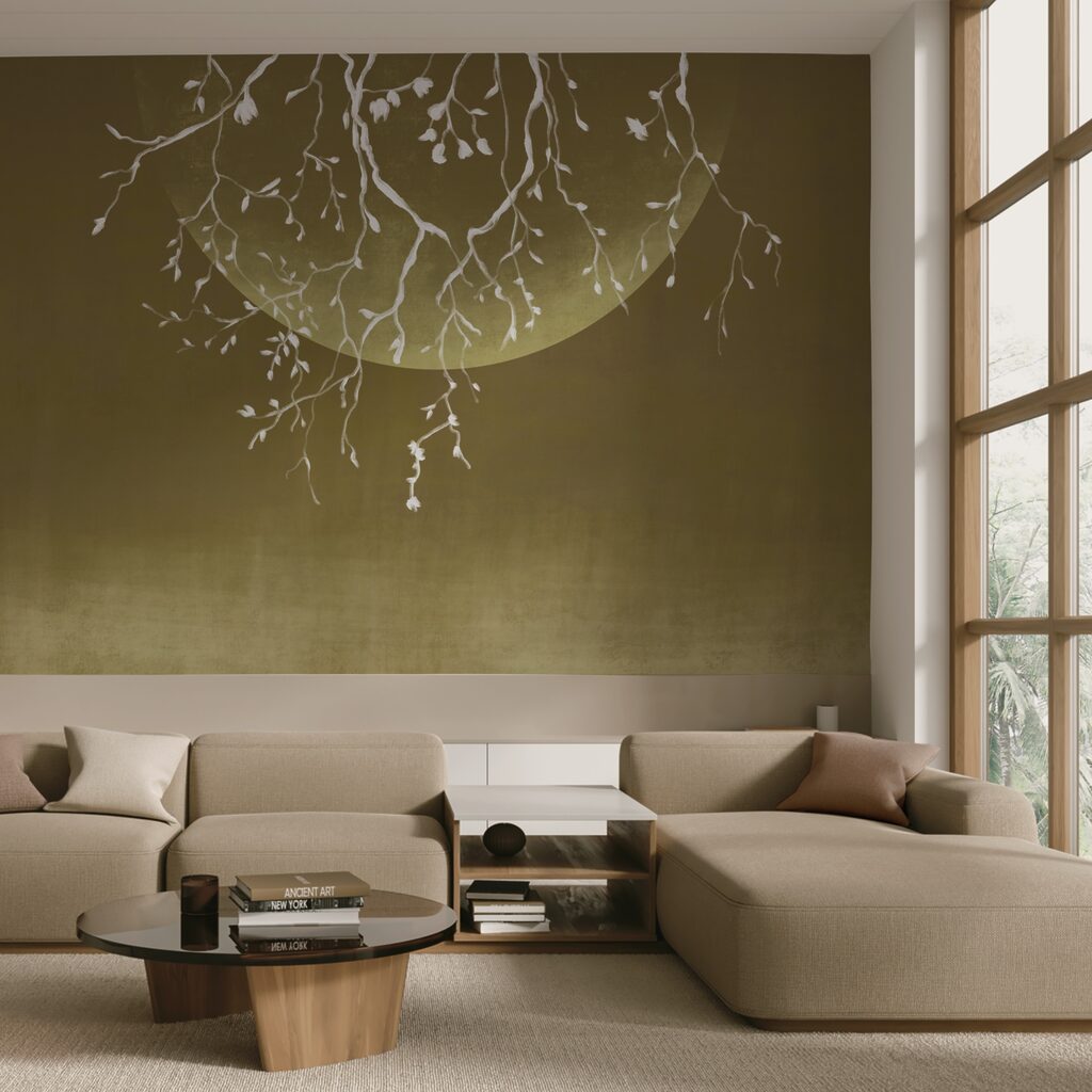 Rami di alberi con foglie e luna Rami di alberi con foglie e luna