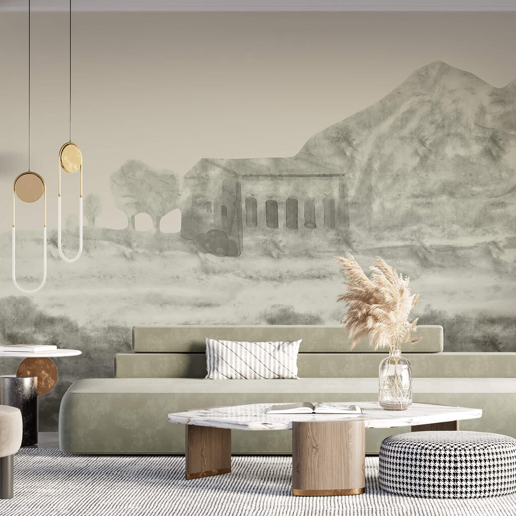 Disegno di un edificio e di una montagna