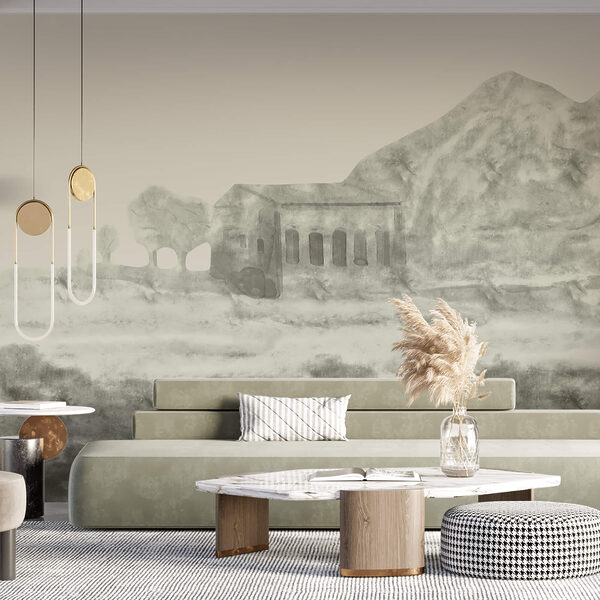 Disegno di un edificio e di una montagna