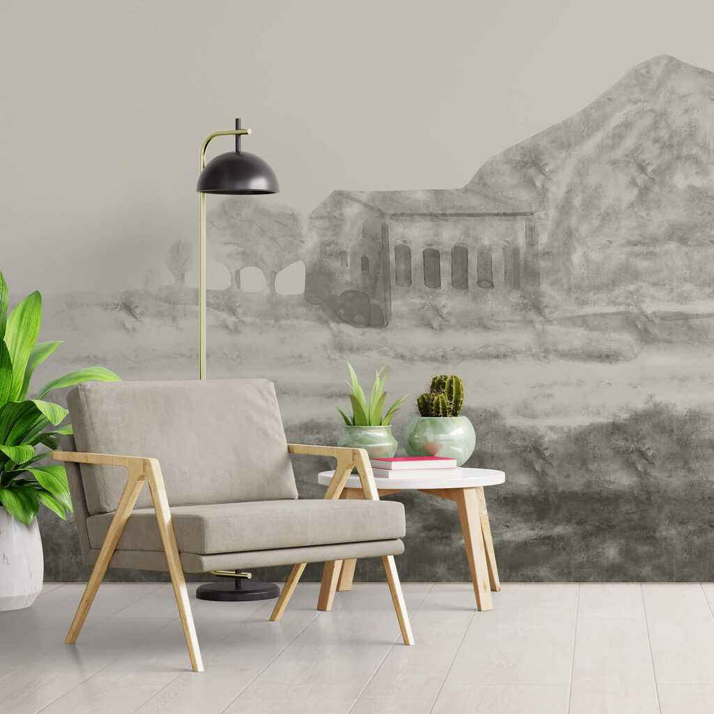 Disegno di un edificio e di una montagna