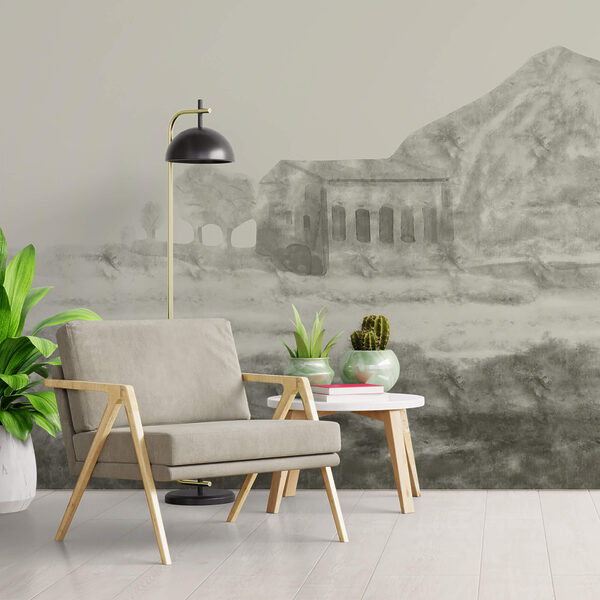 Disegno di un edificio e di una montagna