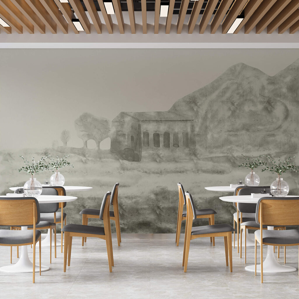 Disegno di un edificio e di una montagna