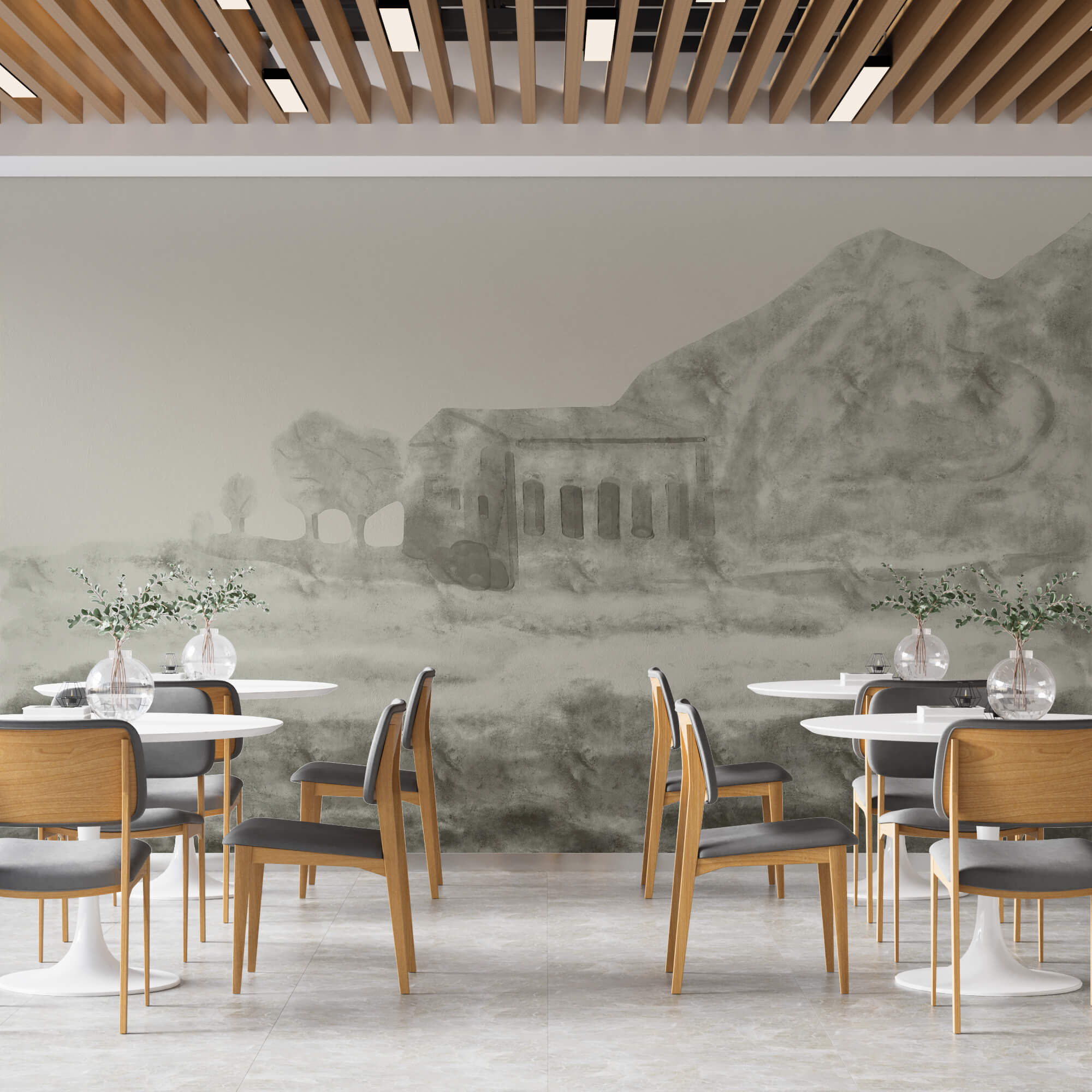 Disegno di un edificio e di una montagna