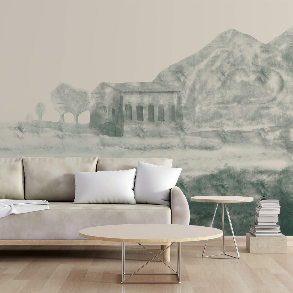 Dipinto raffigurante un edificio e una montagna