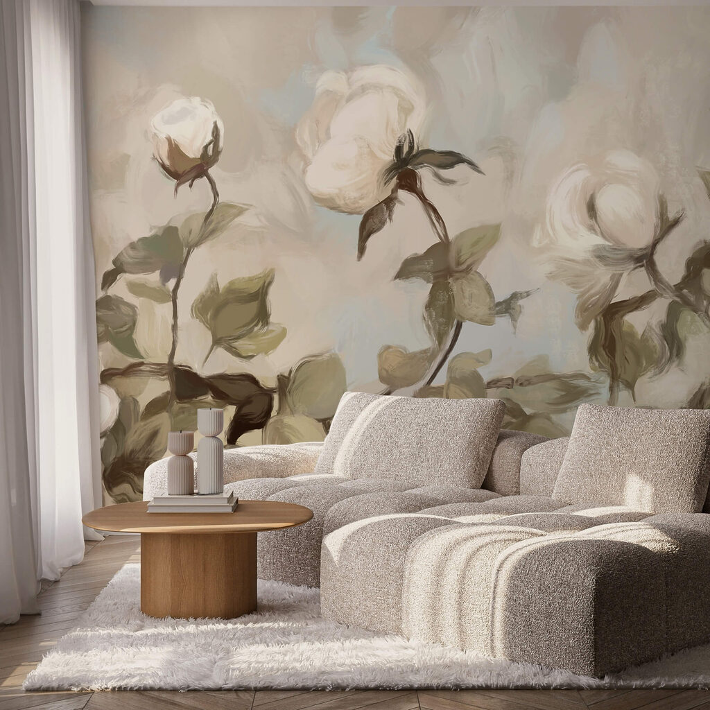 Dipinto di fiori bianchi e foglie