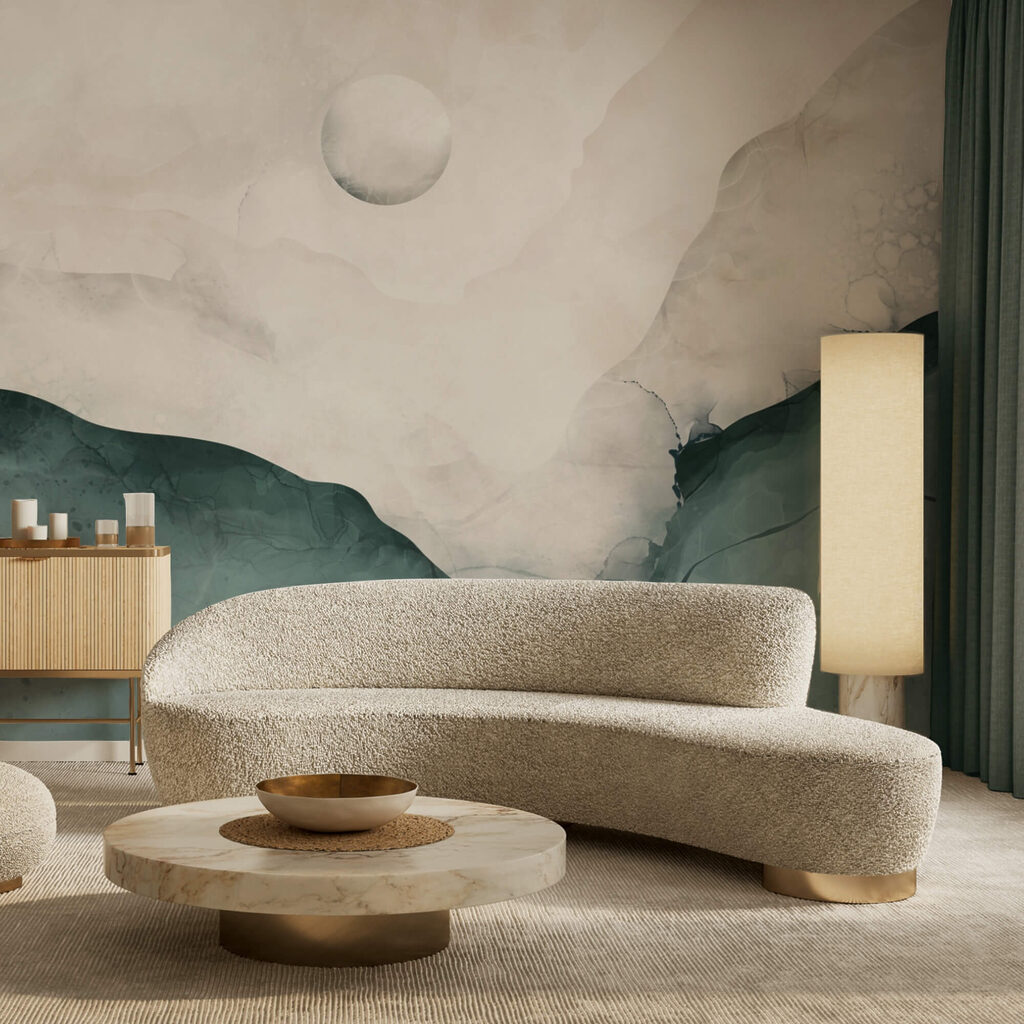 Dipinto di una montagna con la luna nel cielo