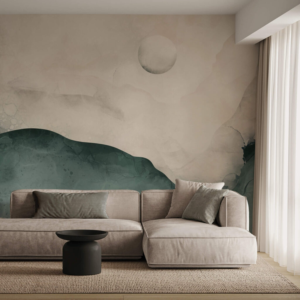 Dipinto di una montagna con la luna nel cielo