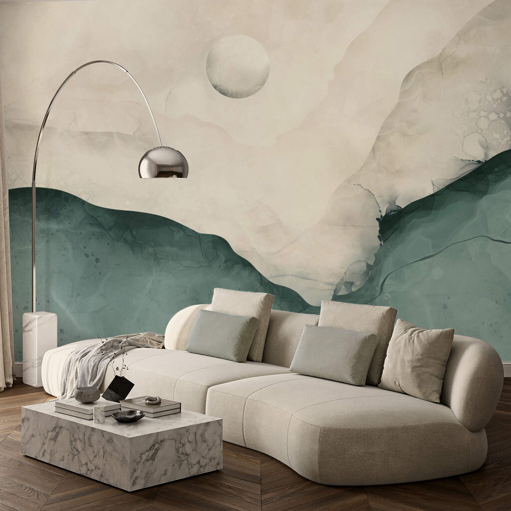 Dipinto di una montagna con la luna nel cielo