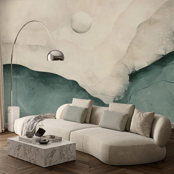 Dipinto di una montagna con la luna nel cielo