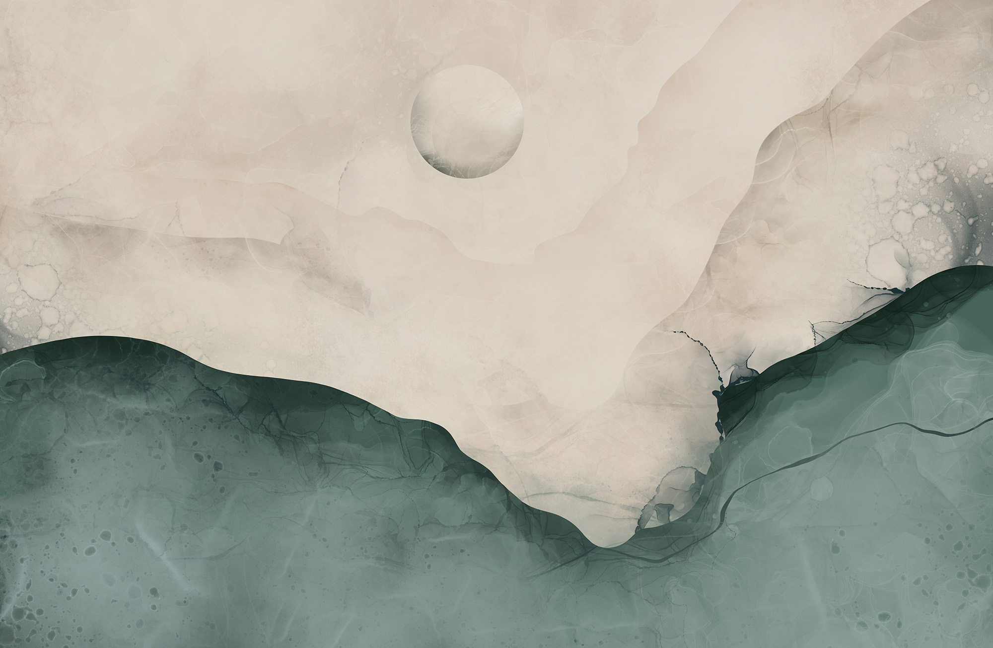 Painting of a mountain with a moon in the sky