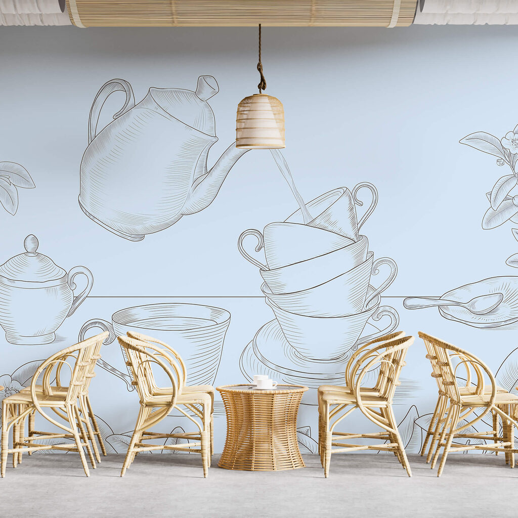 Teiera che versa il tè in una pila di tazze da tè Teiera che versa il tè in una pila di tazze da tè