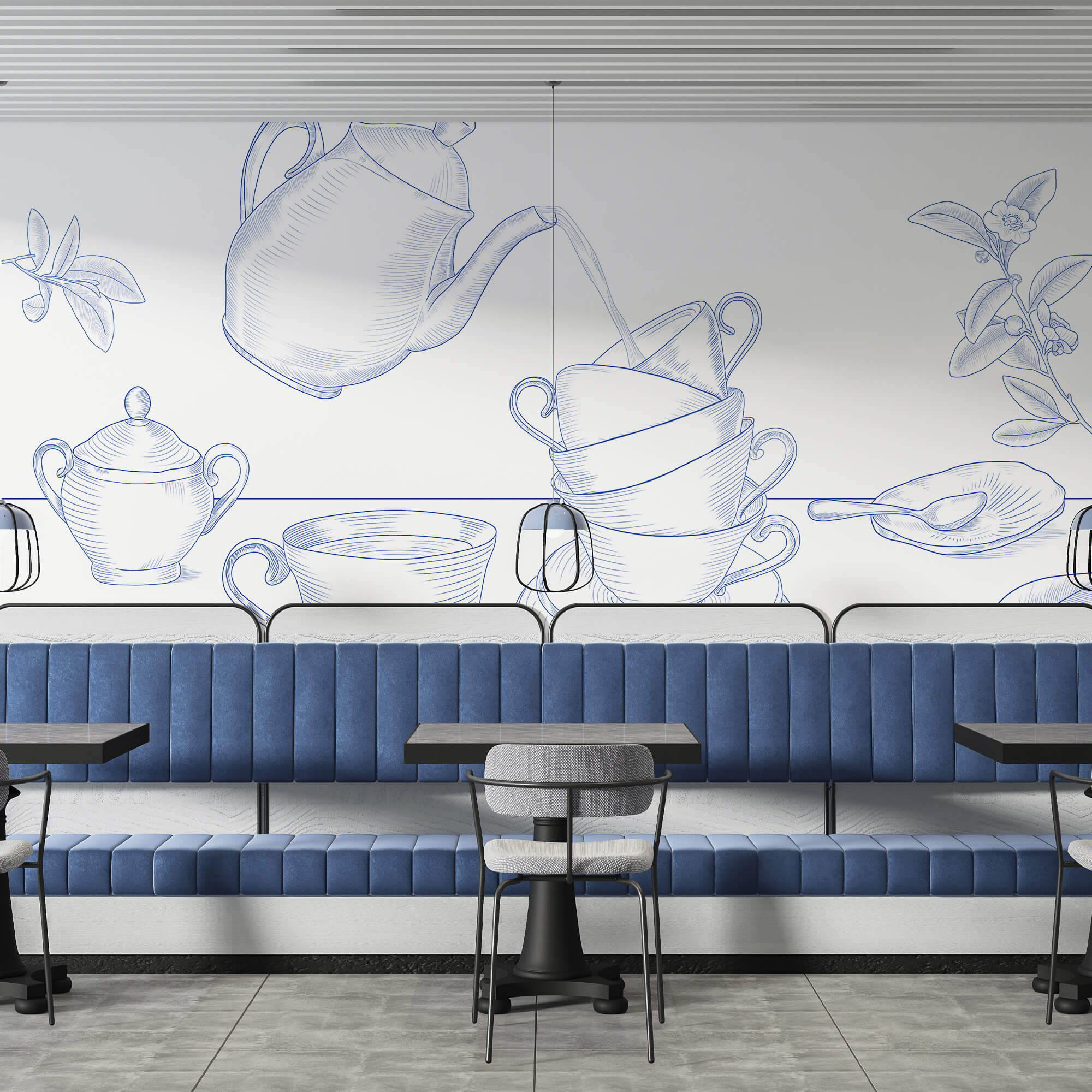 Teiera che versa il tè in una pila di tazze da tè Teiera che versa il tè in una pila di tazze da tè