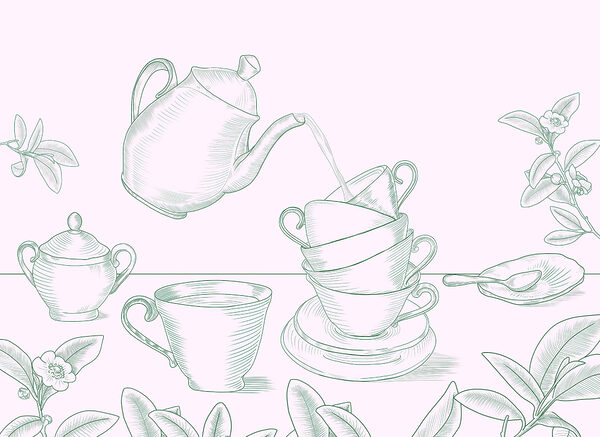 Teapot pouring tea into a stack of teacups
