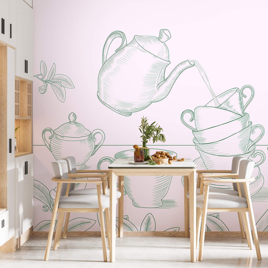 Teiera che versa il tè in una pila di tazze da tè