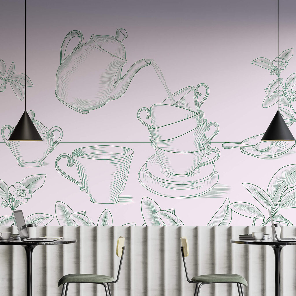 Teiera che versa il tè in una pila di tazze da tè