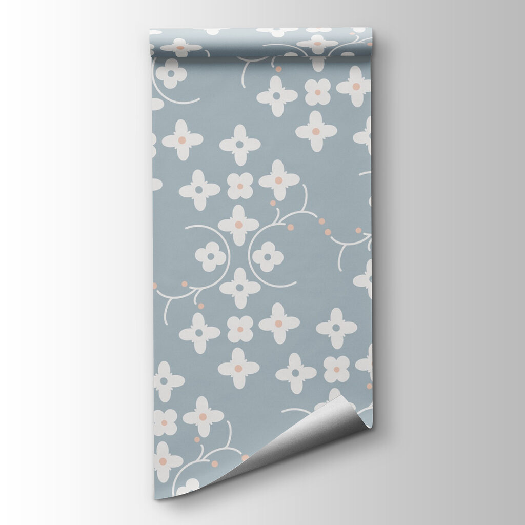 Pattern of white flowers and pink dots on a blue background