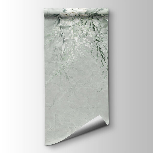 White flowers and green leaves on a white background