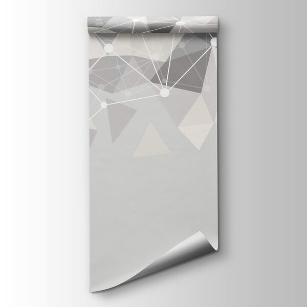 Grey and white background with white dots and triangles