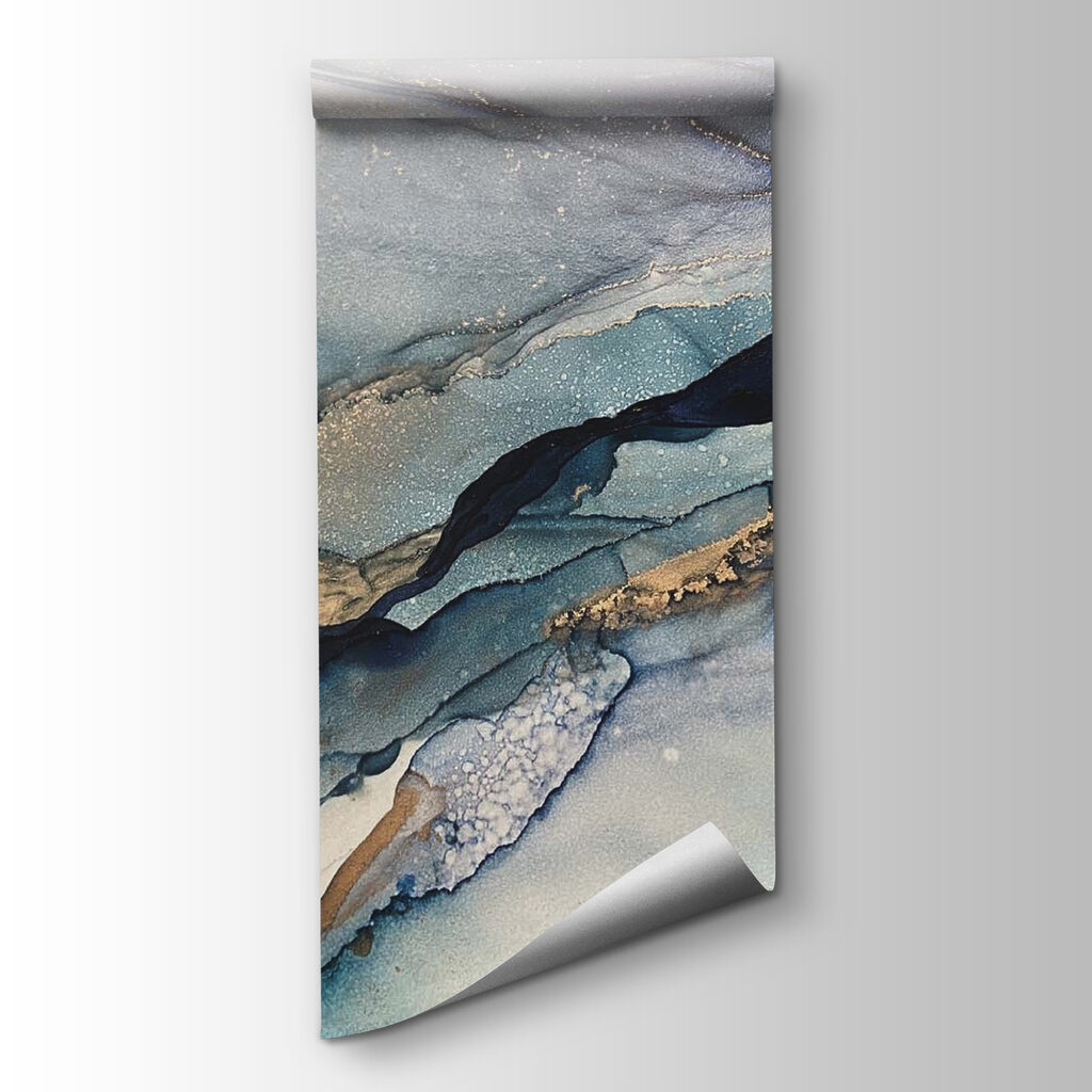 Swirling blues and earthy tones blend