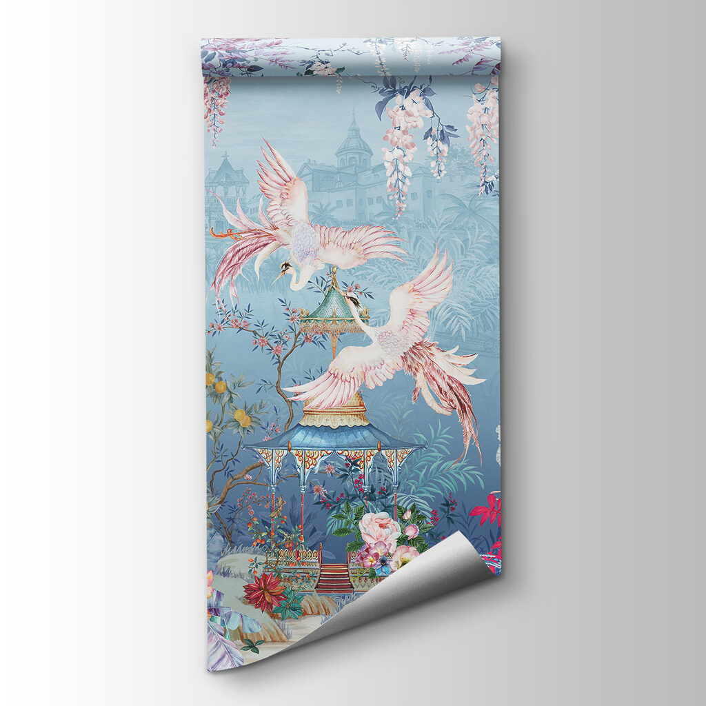 Painting of birds flying over a pagoda and flowers