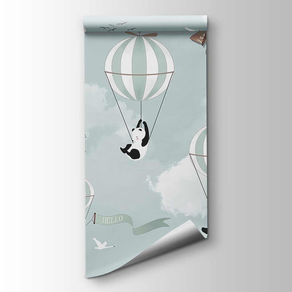 Pandas and hot air balloons in the sky